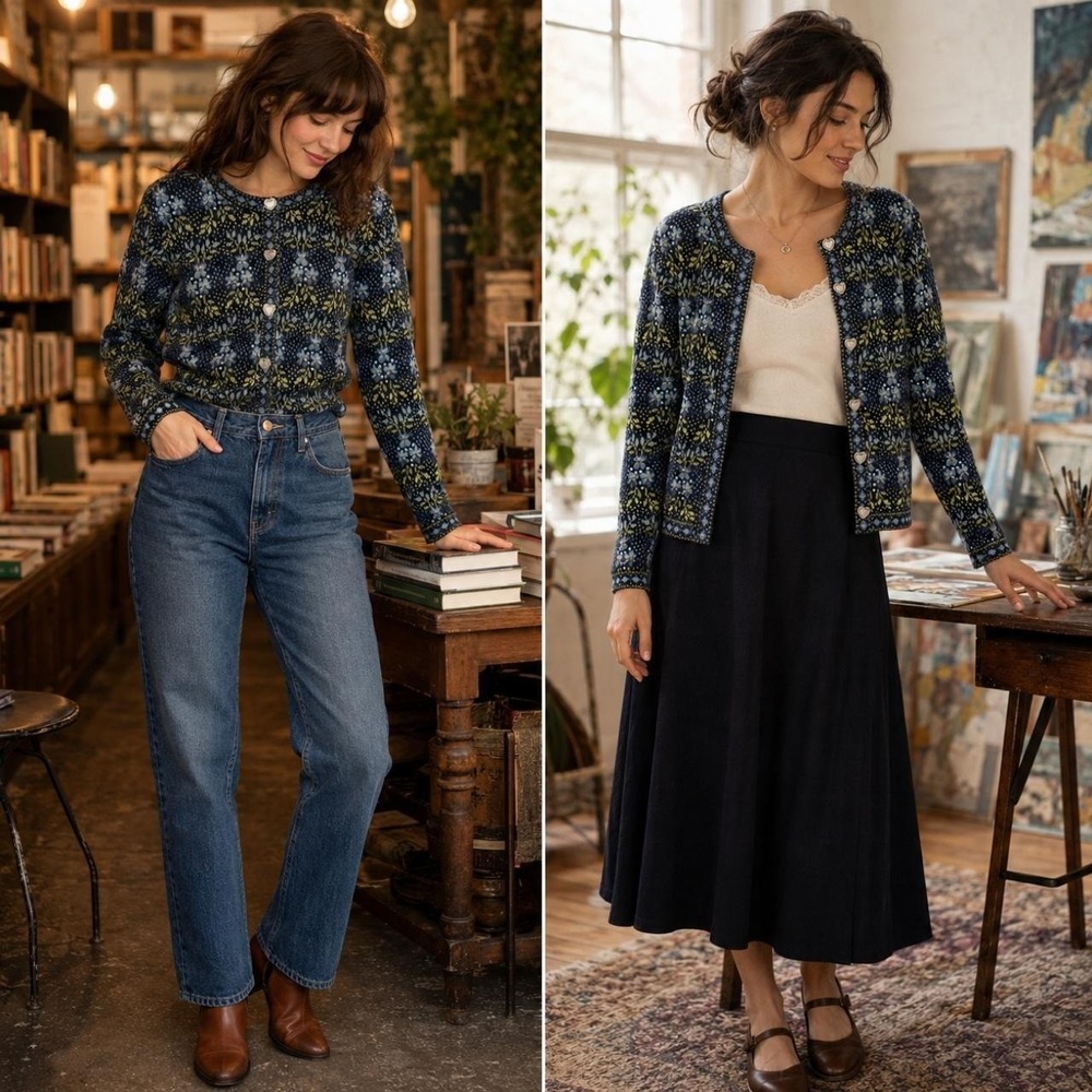 Nomadic Traders S Cardigan Navy Floral Fair Isle Heart Button Cottage Grandma